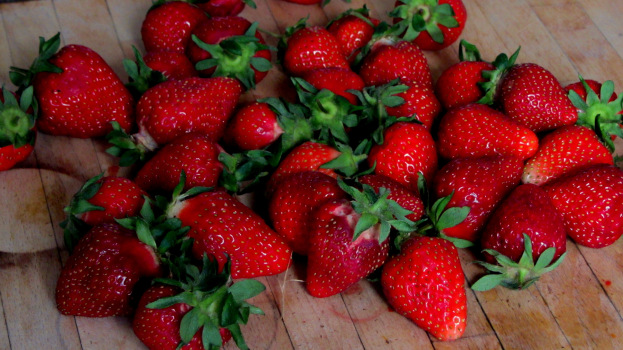 Rote Erdbeeren. Schmackhaft und gesund! Aber Vorsicht: Vor dem Verzehr den Strunk entfernen!